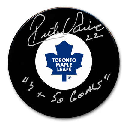 Toronto Maple Leafs puck autographed and inscribed in white marker by Rick Vaive, marked 3x 50 Goals.