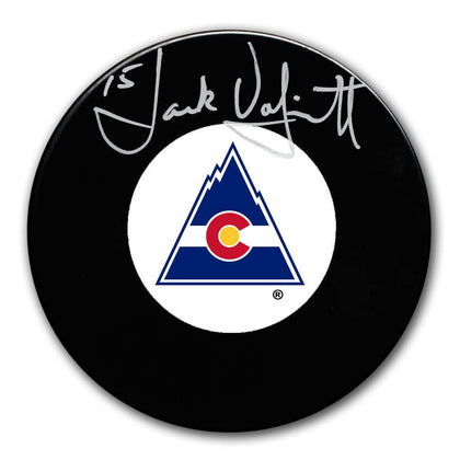 Jack Valiquette autographed Colorado Rockies hockey puck, black with mountain logo, includes COA for authentication.