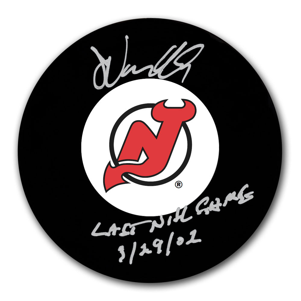 John Vanbiesbrouck autographed New Jersey Devils hockey puck with Last NHL Game 3/29/02 inscription
