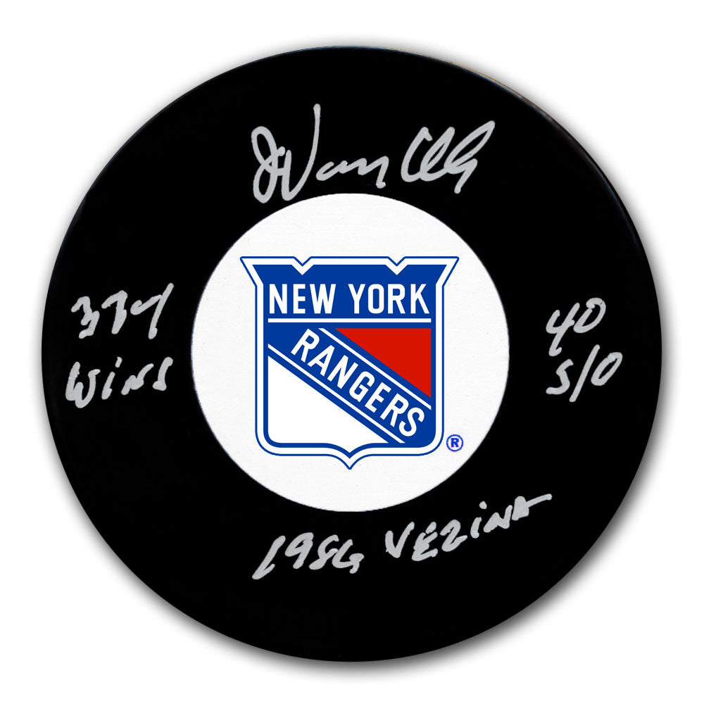 John Vanbiesbrouck autographed New York Rangers hockey puck with 3rd wins, 40 shutouts and 1986 Vezina inscriptions