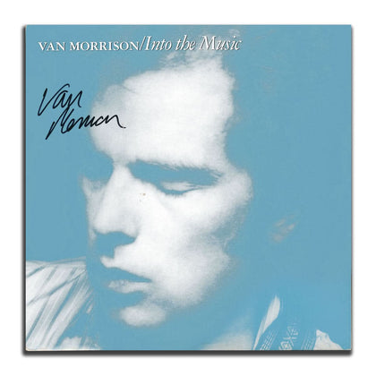 Van Morrison Signed INTO THE MUSIC autographed vinyl LP with a blue-tinted close-up album cover featuring his signature.