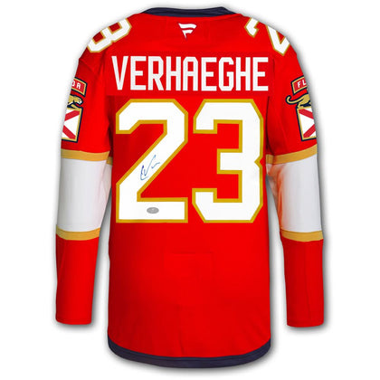 Red Florida Panthers #23 Carter Verhaeghe autographed Fanatics jersey, NHL licensed memorabilia featuring on-jersey signature.
