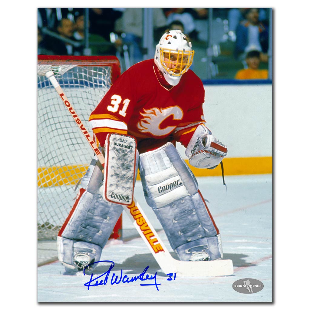 Rick Wamsley autographed Calgary Flames 8x10 photo red jersey game action