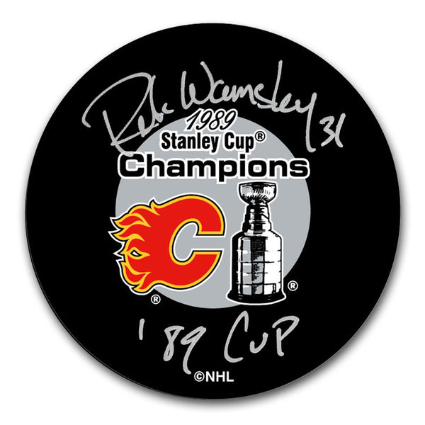 Rick Wamsley autographed Calgary Flames 1989 Stanley Cup Champions hockey puck with 89 Cup inscription