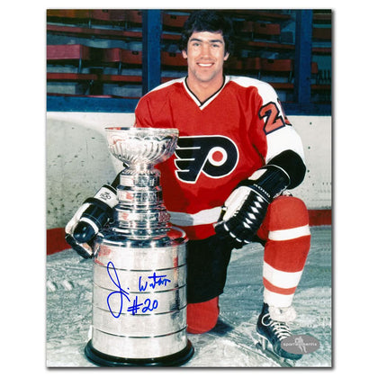 Jim Watson Flyers autographed 8x10 photo celebrating a Stanley Cup win, ideal signed memorabilia for dedicated hockey collectors.