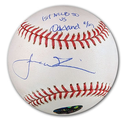 Official MLB baseball signed by Jerome Williams in blue ink, inscribed 1st MLB 50 vs Oakland 8/3 directly on the ball.