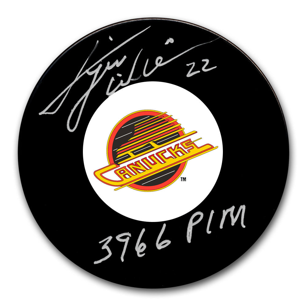 Tiger Williams autographed Vancouver Canucks hockey puck with 3966 PIM inscription