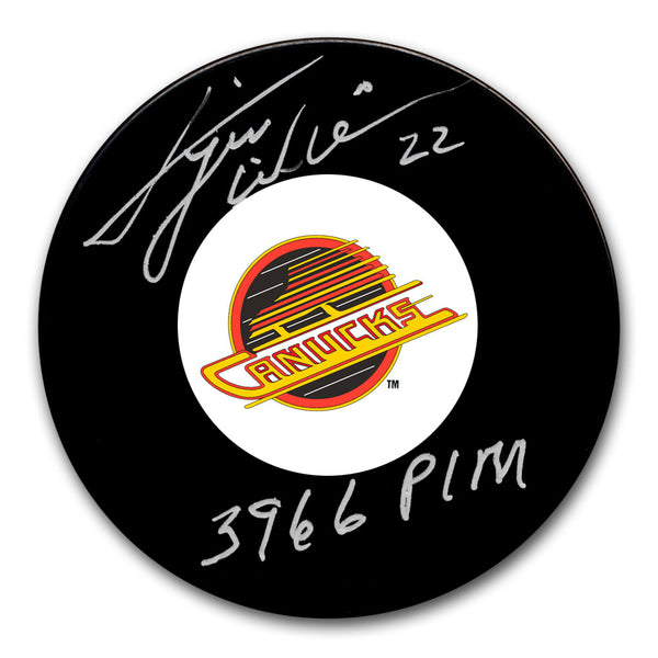 Tiger Williams autographed Vancouver Canucks hockey puck with 3966 PIM inscription