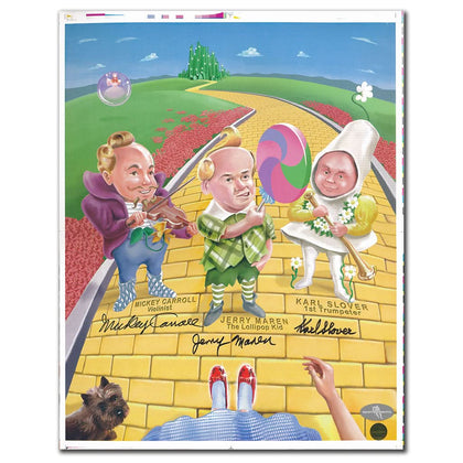 Autographed 11x14 photograph featuring Mickey Carroll, Jerry Maren & Karl Slover as Munchkins; Wizard of Oz collectible with COA.