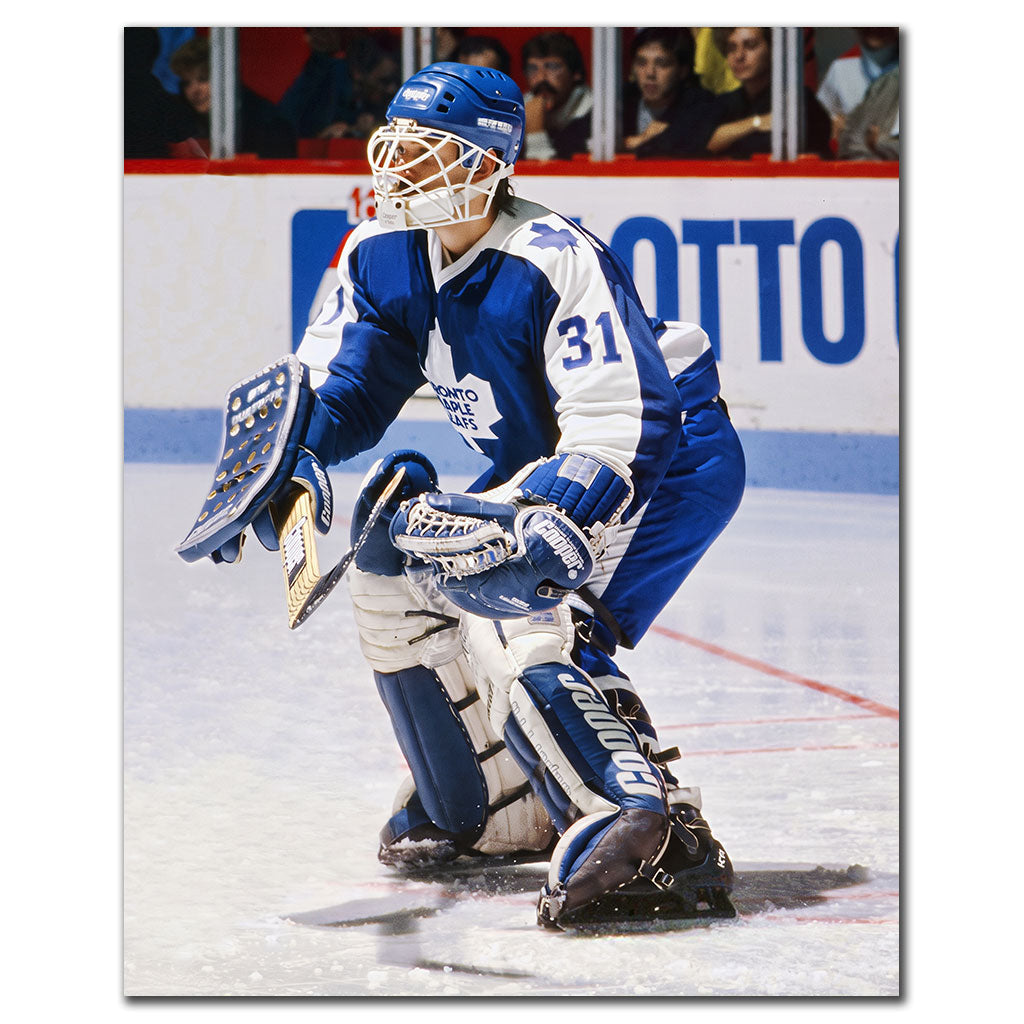 Ken Wregget making a save in a blue Toronto Maple Leafs uniform