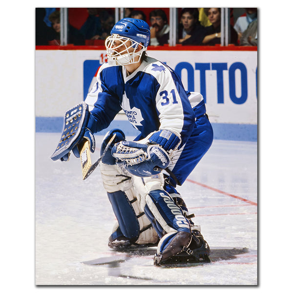 Ken Wregget making a save in a blue Toronto Maple Leafs uniform