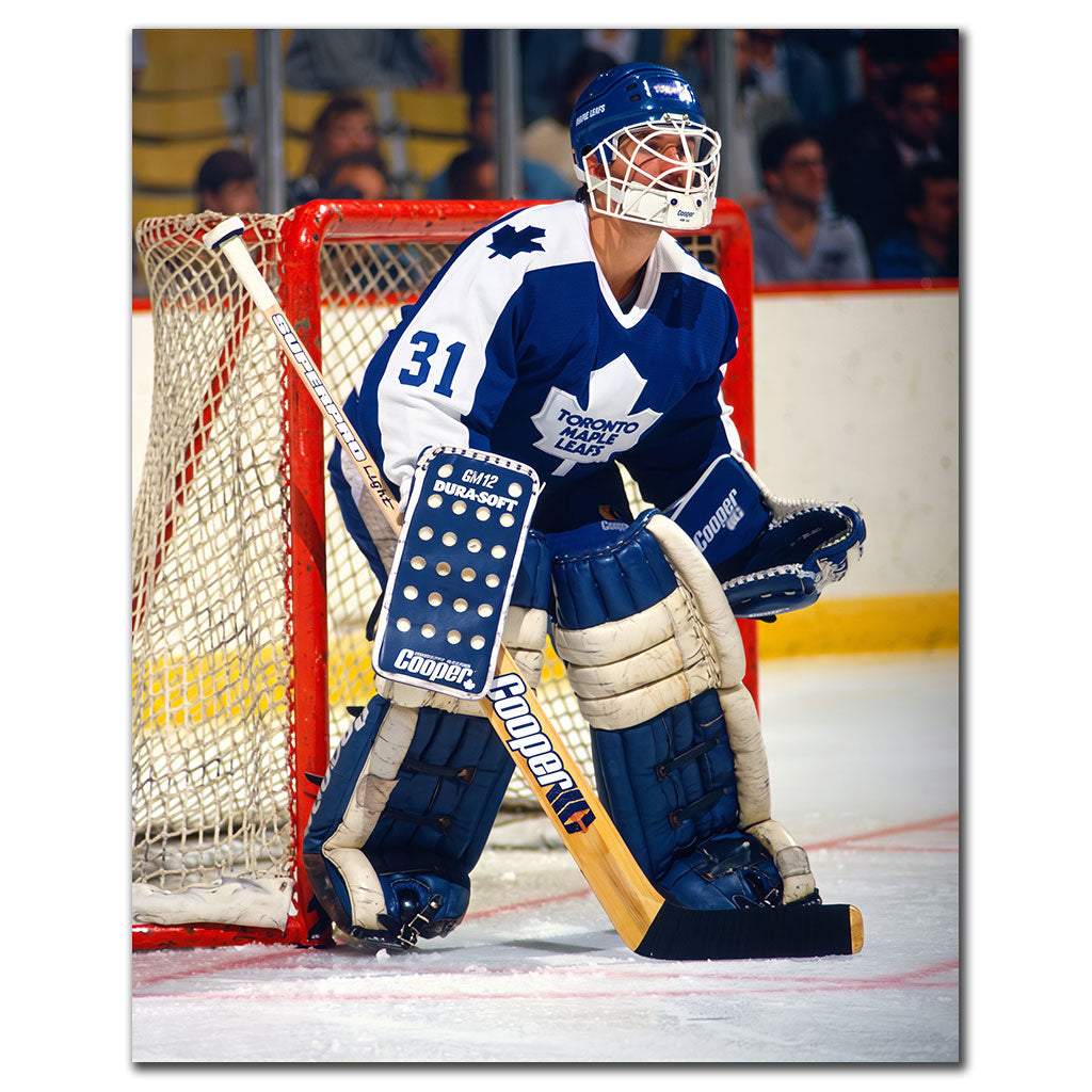 Ken Wregget tending goal in a blue Toronto Maple Leafs uniform