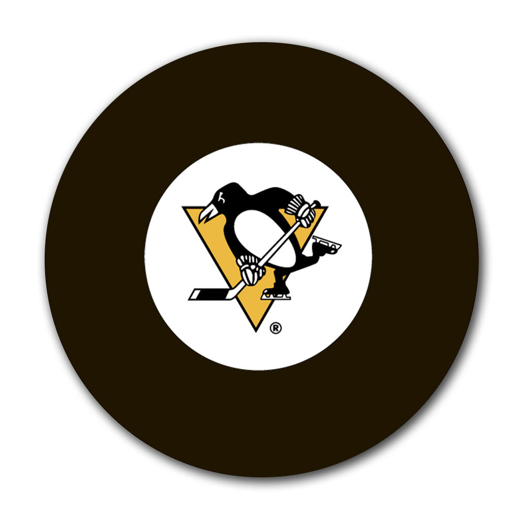 Pittsburgh Penguins 1990s logo hockey puck for an upcoming Ken Wregget autograph signing