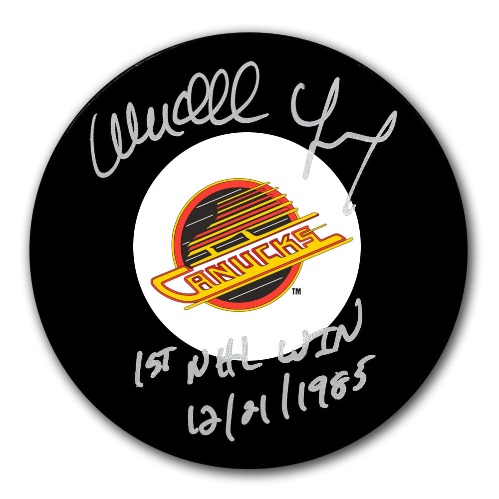 Wendell Young Vancouver Canucks 1st NHL Win 12-21-85 Autographed Puck - Sport Authentix Inc