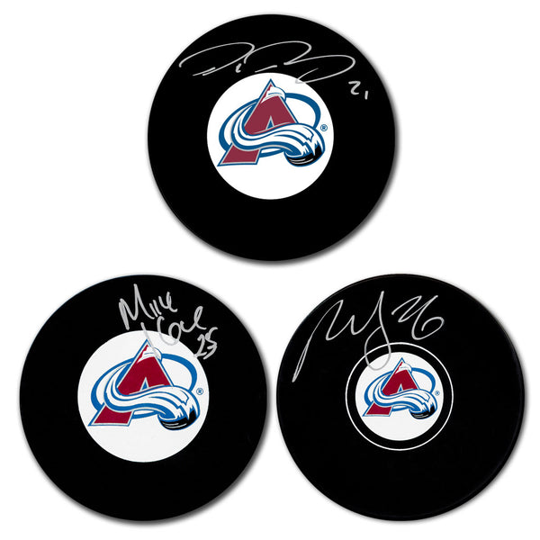 Peter Forsberg, Paul Stastny and Mike Keane autographed Colorado Avalanche hockey puck bundle featuring signed Avalanche pucks