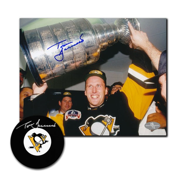 Tom Barrasso autographed Pittsburgh Penguins hockey puck and 8x10 photo combo