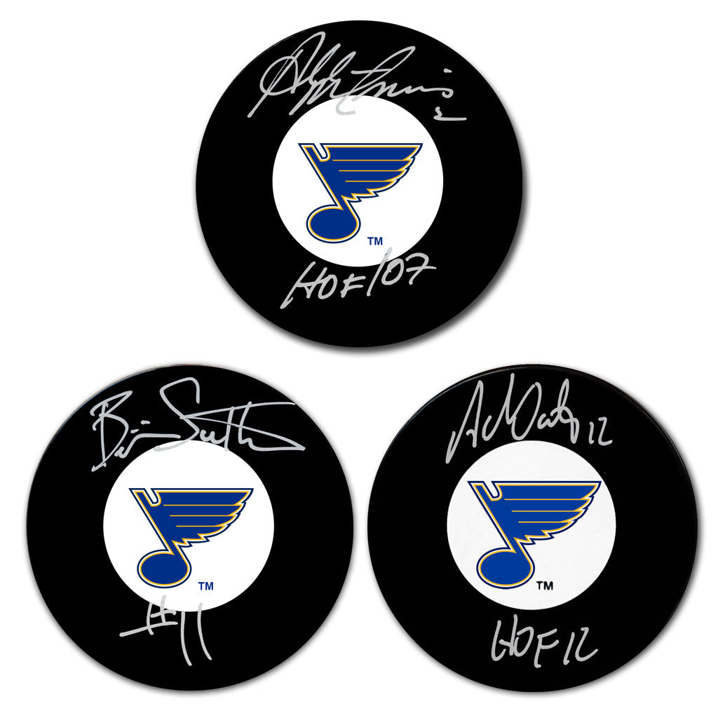 Al MacInnis, Brent Sutter & Adam Oates Autographed St. Louis Blues Hockey Puck Bundle