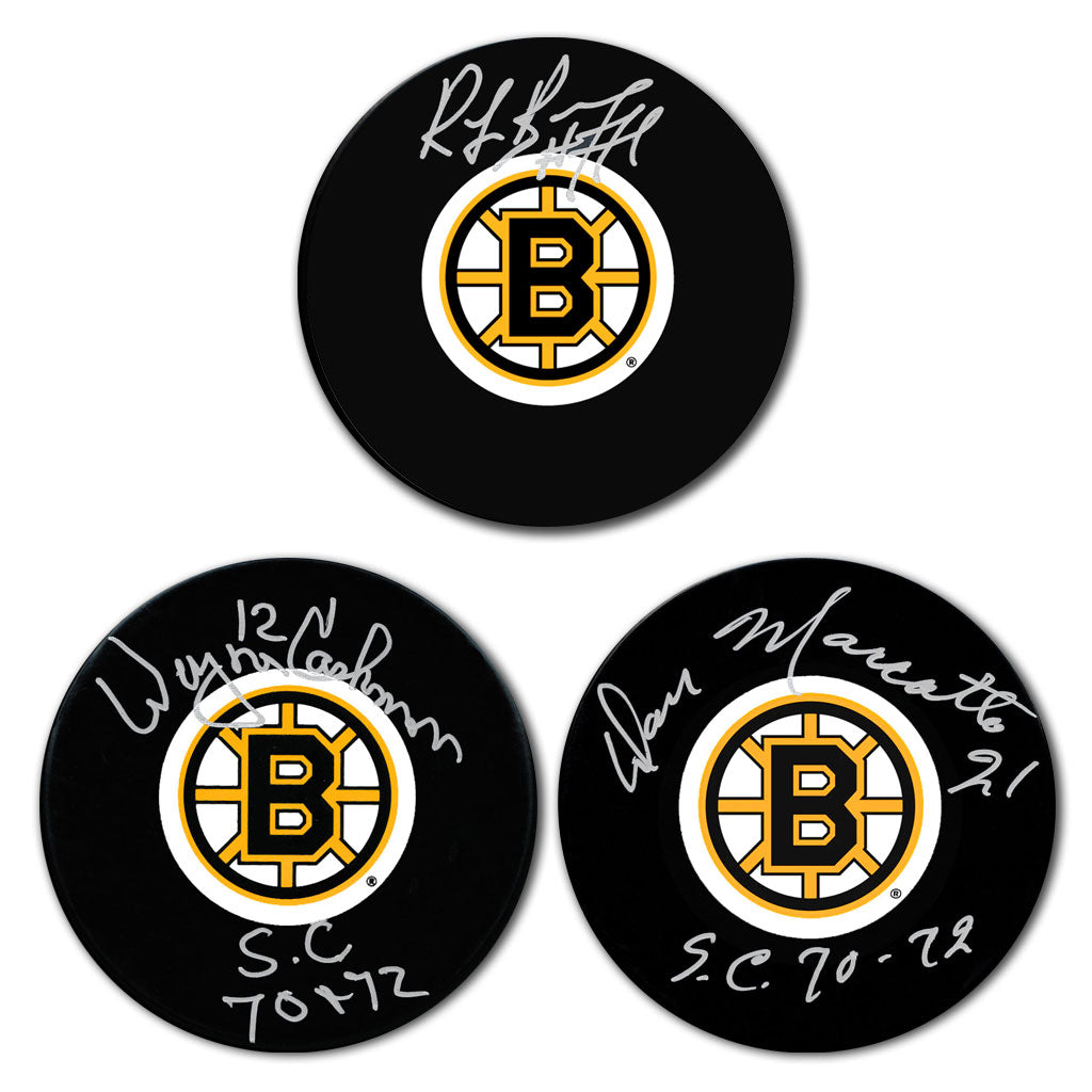 Ray Bourque, Don Marcotte and Wayne Cashman autographed Boston Bruins hockey puck bundle