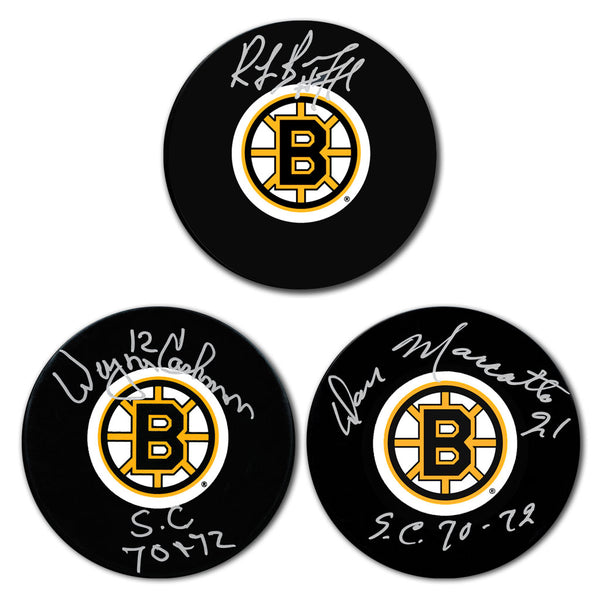 Ray Bourque, Don Marcotte and Wayne Cashman autographed Boston Bruins hockey puck bundle