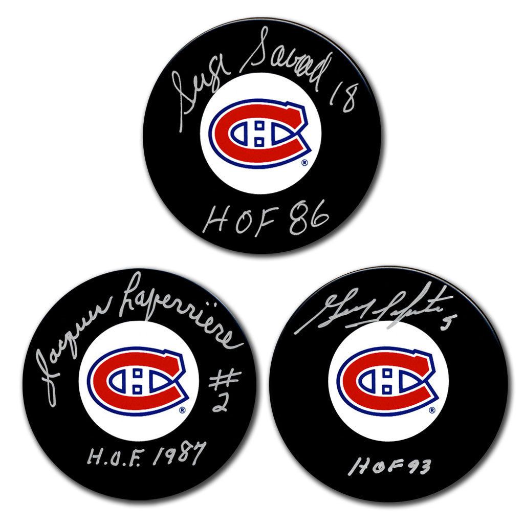Serge Savard, Jacques Laperriere & Guy Lapointe Autographed Montreal Canadiens Hockey Puck Bundle