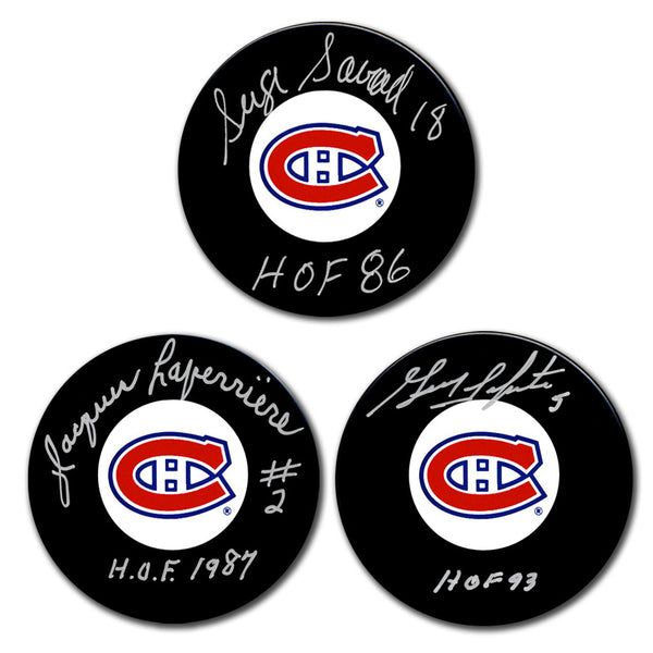 Serge Savard, Jacques Laperriere & Guy Lapointe autographed Canadiens hockey puck bundle