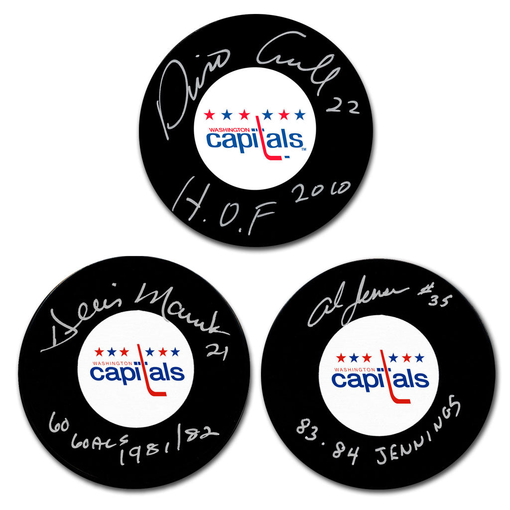 Dino Ciccarelli Dennis Maruk and Al Jensen autographed Washington Capitals hockey puck bundle with HOF 2010 60 Goals and Jennings inscriptions
