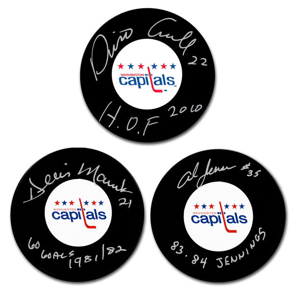 Dino Ciccarelli Dennis Maruk and Al Jensen autographed Washington Capitals hockey puck bundle with HOF 2010 60 Goals and Jennings inscriptions