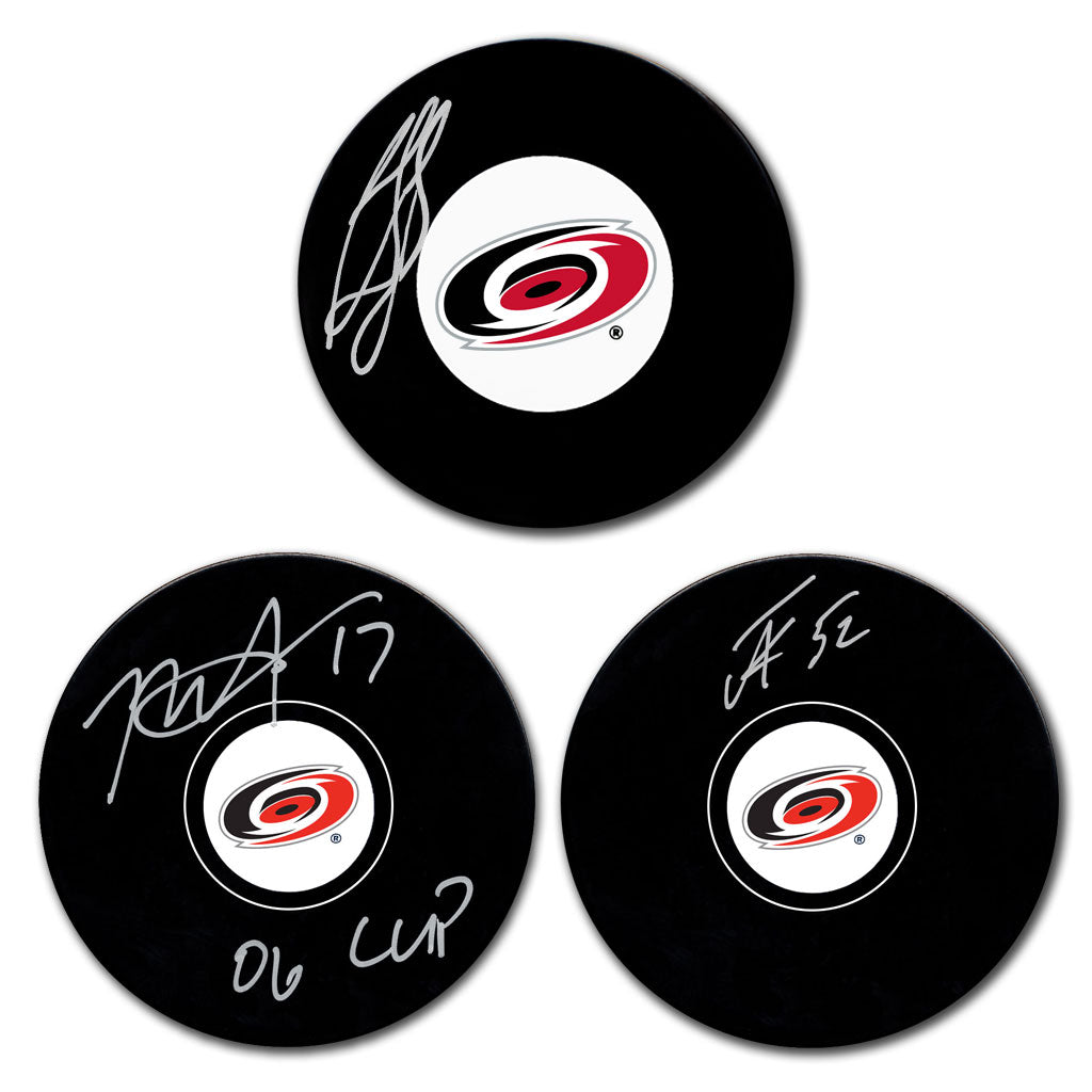 Ron Francis Rod Brind'Amour and Pyotr Kochetkov autographed Carolina Hurricanes hockey puck bundle