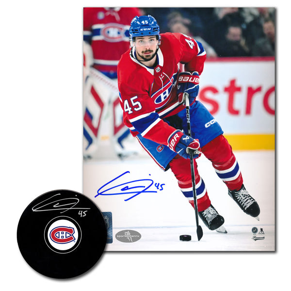 Alexandre Carrier autographed Montreal Canadiens hockey puck and 8x10 photo combo