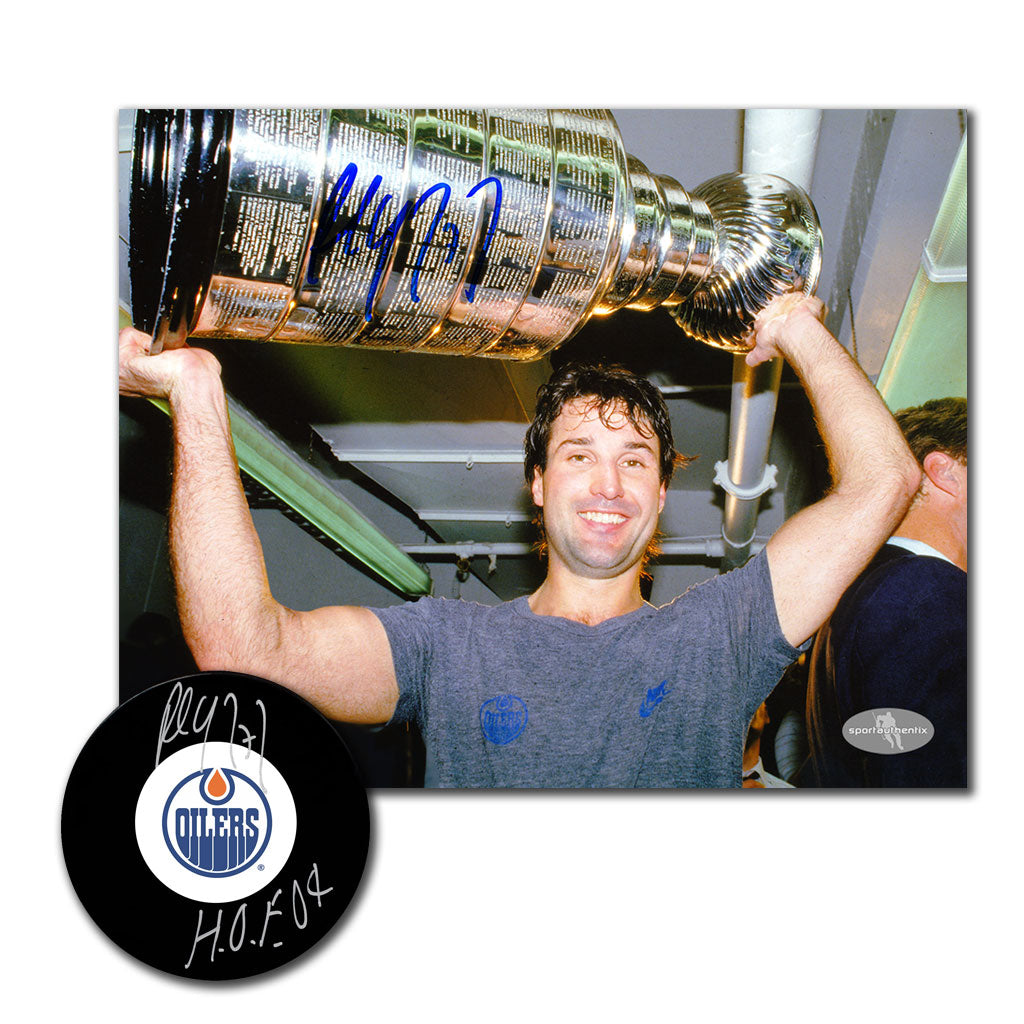 Paul Coffey autographed Edmonton Oilers hockey puck and 8x10 photo combo