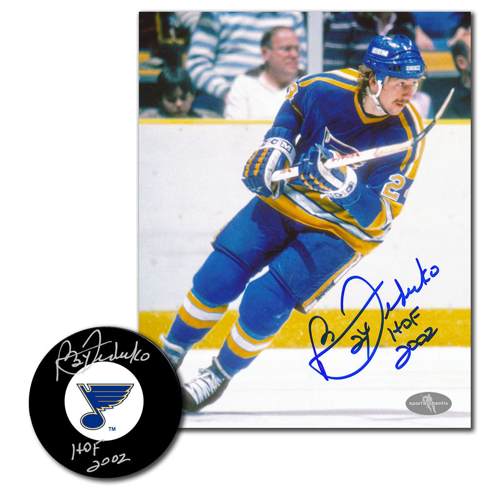 Bernie Federko autographed St. Louis Blues hockey puck and 8x10 photo combo featuring HOF 2002 inscription