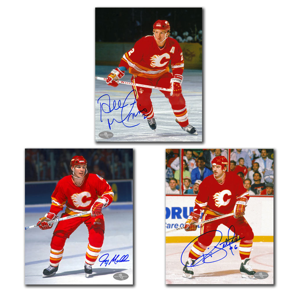 Joe Mullen, Ric Nattress and Al MacInnis autographed Calgary Flames 8x10 photo bundle featuring signed Flames photos