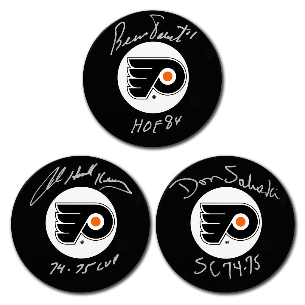 Bernie Parent, Bob Kelly & Don Saleski Autographed Philadelphia Flyers Hockey Puck Bundle