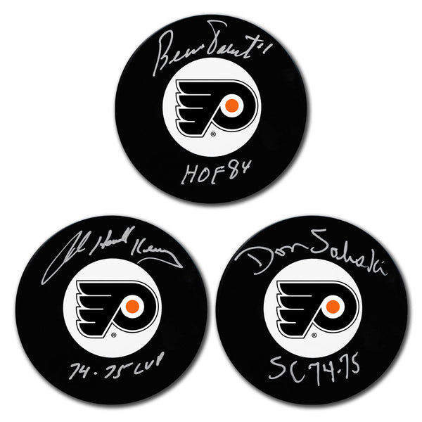 Bernie Parent, Bob Kelly & Don Saleski autographed Philadelphia Flyers hockey puck bundle