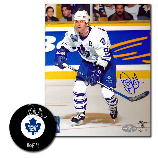 Doug Gilmour autographed Toronto Maple Leafs hockey puck and 8x10 photo combo featuring HOF 2011 inscription
