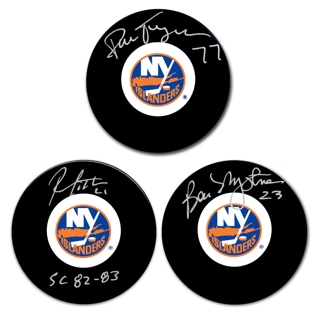 Pierre Turgeon, Brent Sutter and Bob Nystrom autographed New York Islanders hockey puck bundle featuring signed Islanders pucks