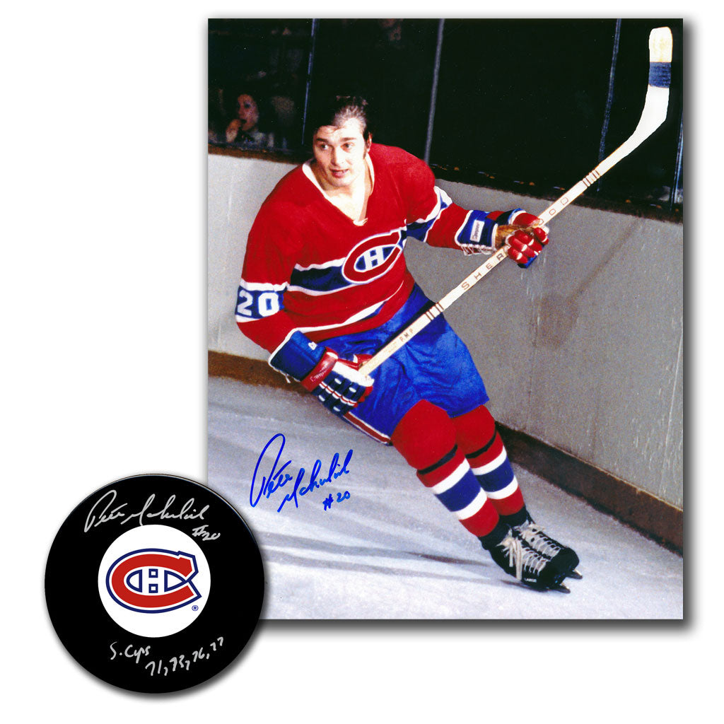 Pete Mahovlich autographed Montreal Canadiens hockey puck and 8x10 photo combo