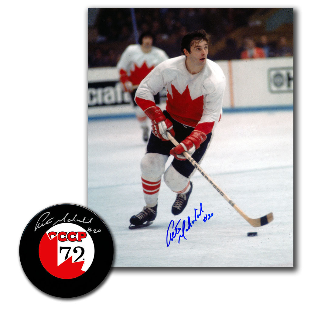Pete Mahovlich autographed Team Canada 1972 Summit Series hockey puck and 8x10 photo combo