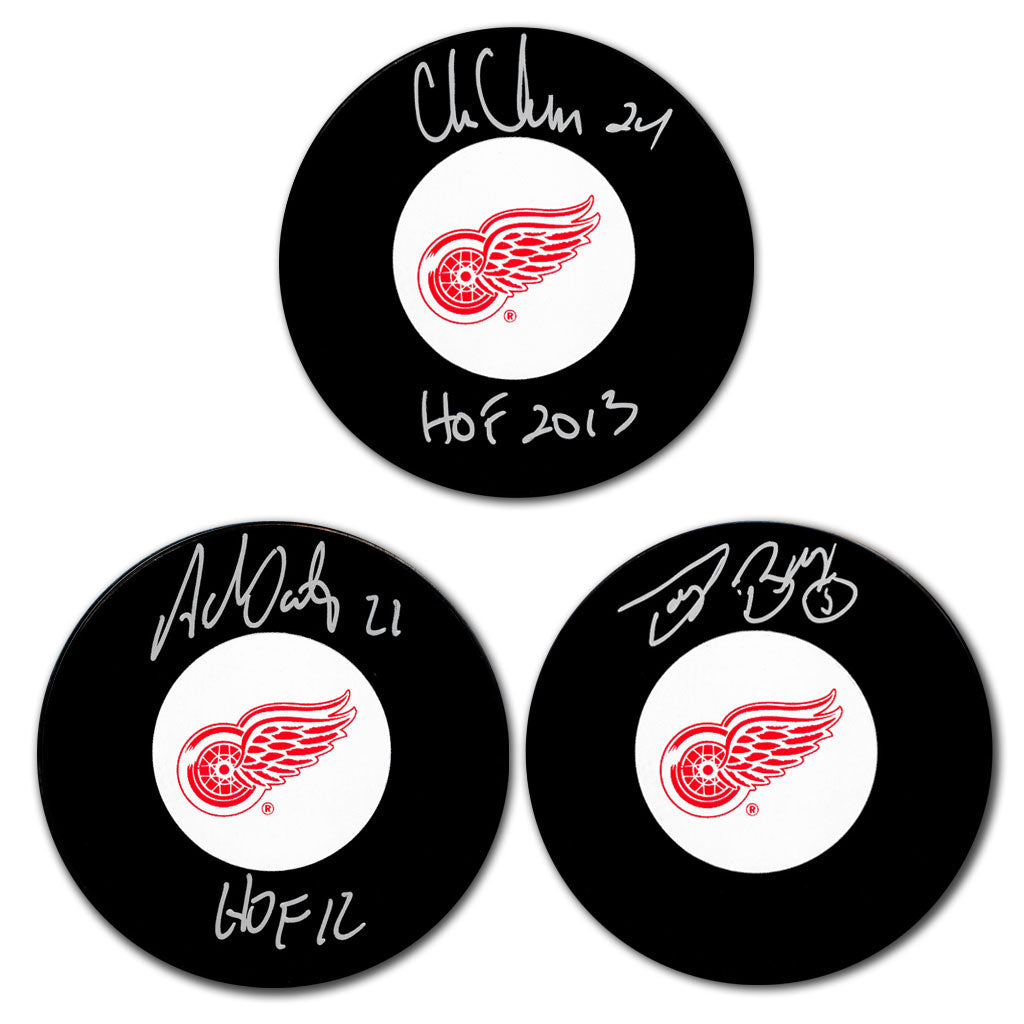 Chris Chelios, Adam Oates & Doug Barkley Autographed Detroit Red Wings Hockey Puck Bundle