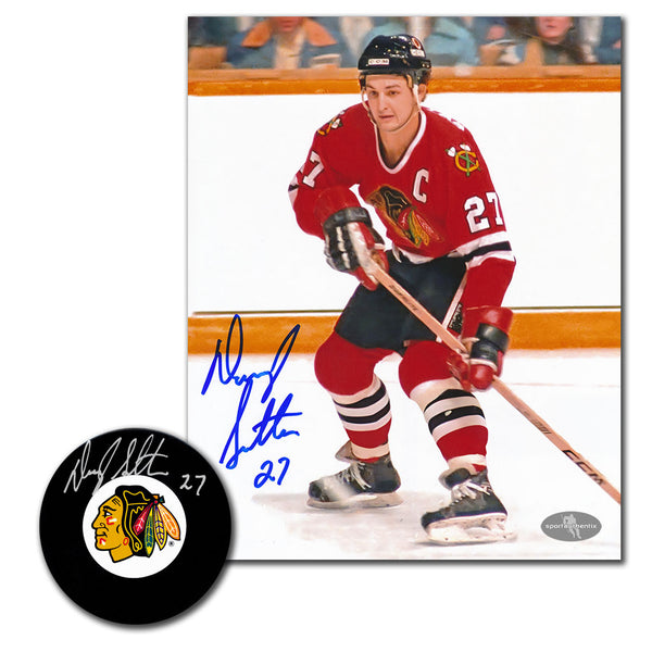 Darryl Sutter autographed Chicago Blackhawks hockey puck and 8x10 photo combo
