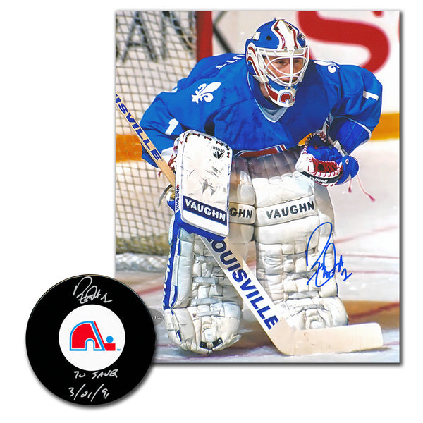 Ron Tugnutt autographed Quebec Nordiques hockey puck and 8x10 photo combo